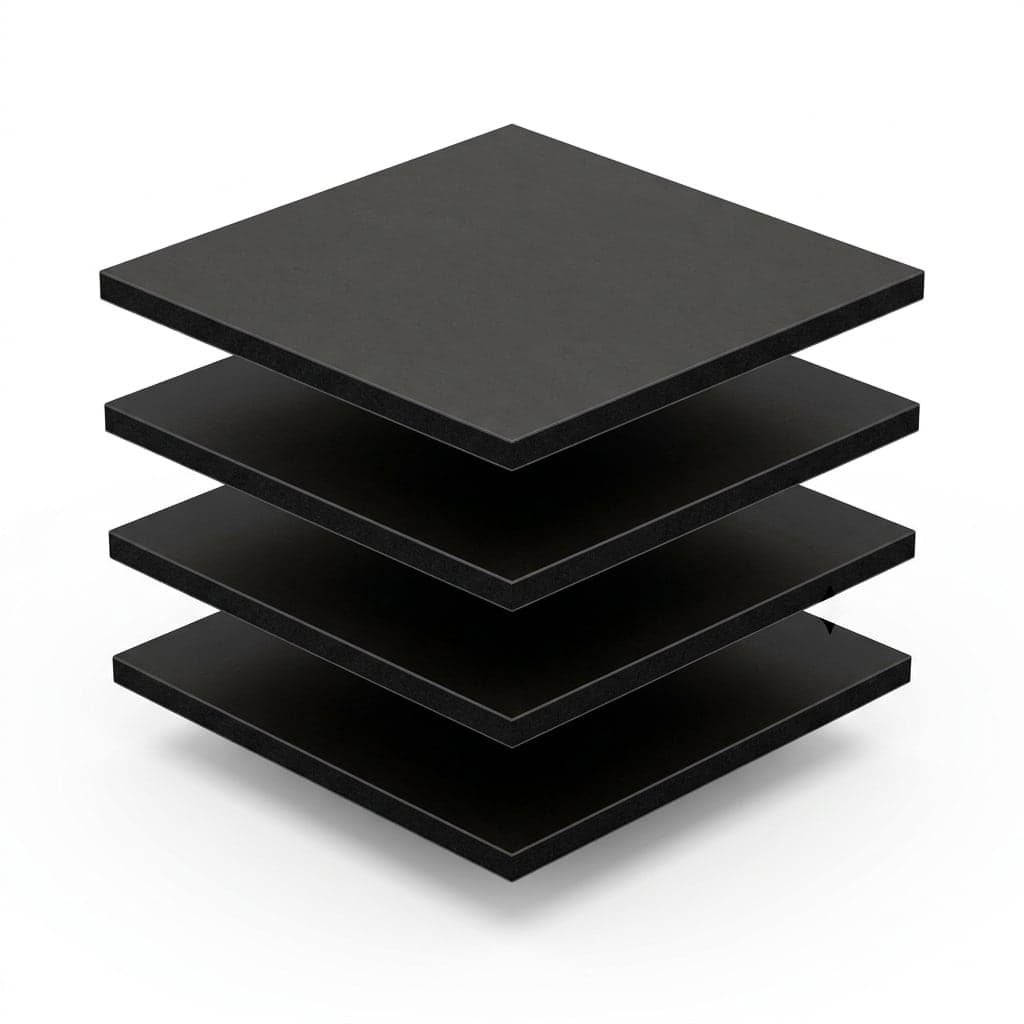 Quatre panneaux HPL noirs en éclaté, surface mate et chant compact caractéristique du stratifié.