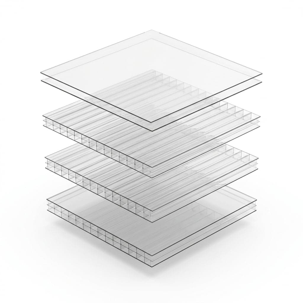 Plaques de polycarbonate alvéolaire empilées en écorché, montrant les parois internes de 2 à 5 parois selon l'épaisseur.